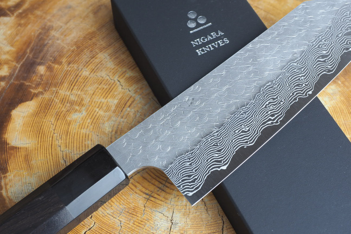 Nigara Hamono - SPG Strix Damascus Bunka with Ebony Handle 18cm