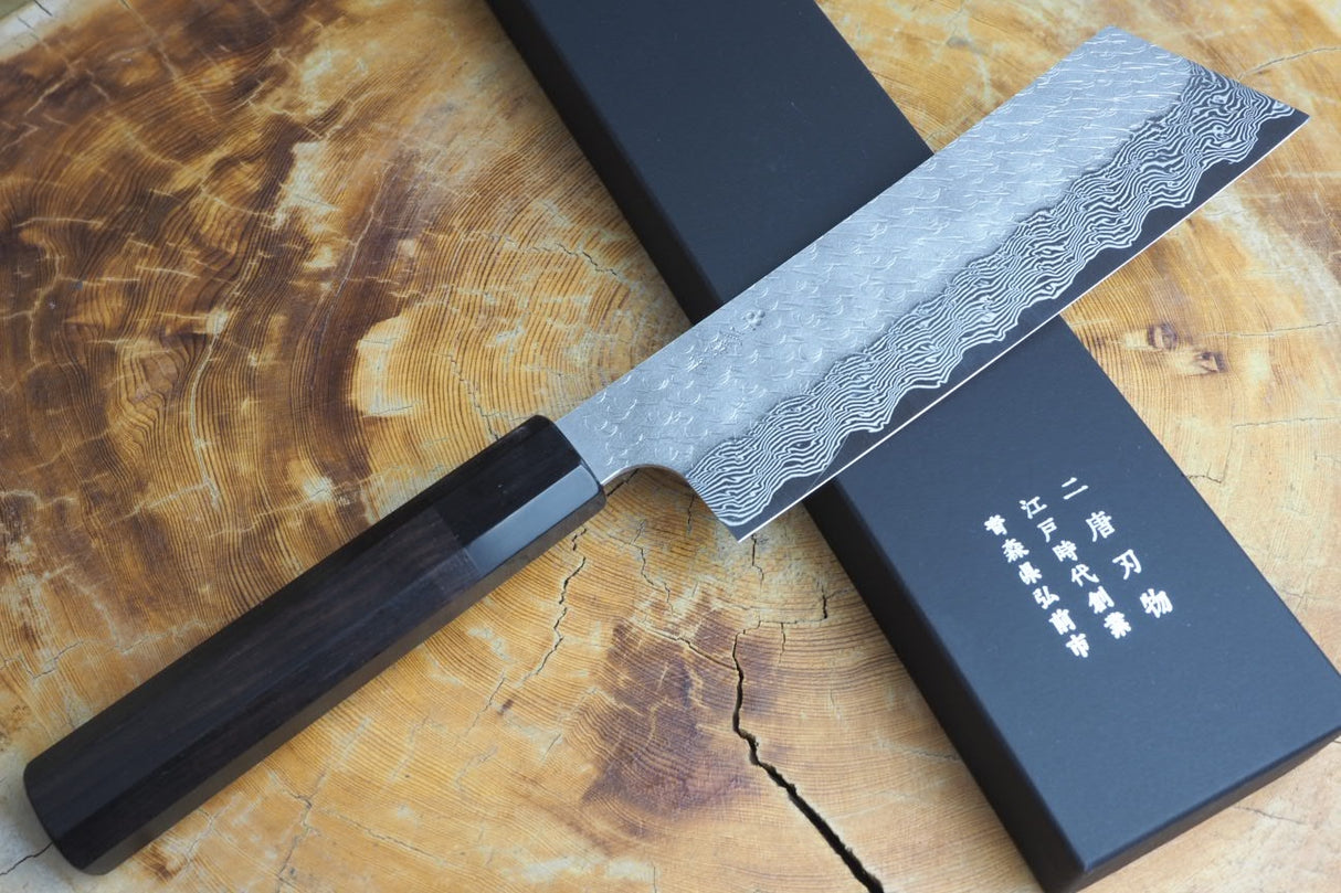 Nigara Hamono - SPG Strix Damascus Kiritsuke (K-tip) Nakiri with Ebony Handle 18cm
