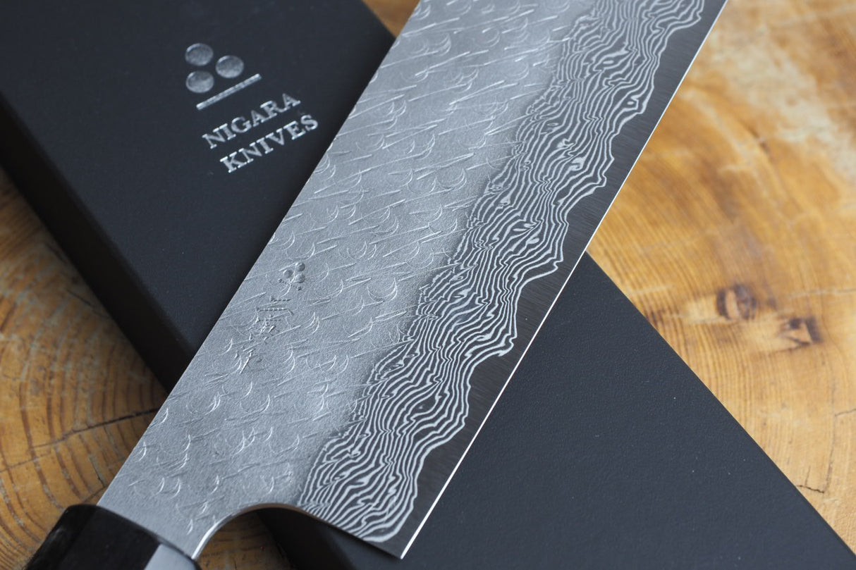 Nigara Hamono - SPG Strix Damascus Kiritsuke (K-tip) Nakiri with Ebony Handle 18cm
