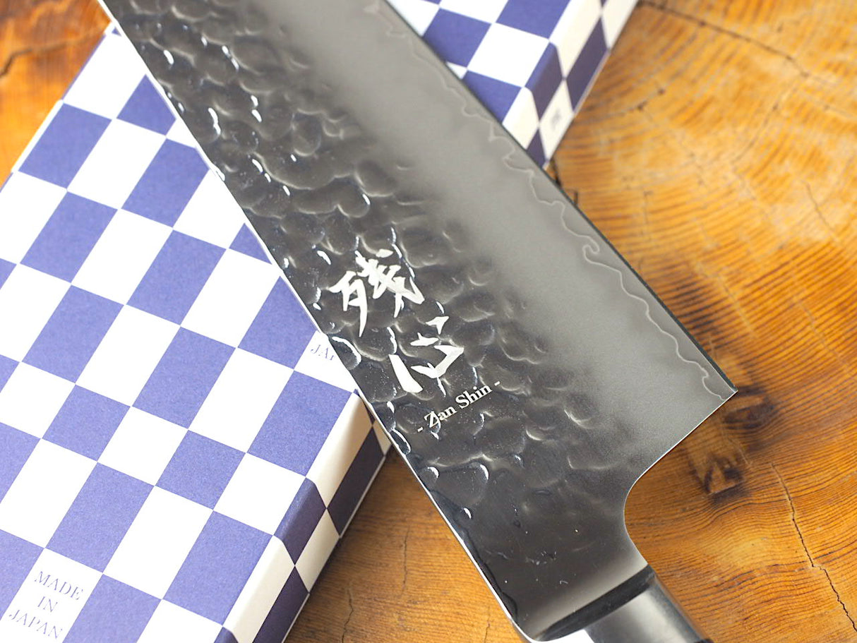 残心 Zan Shin AO (from Seki) - AUS10 Steel Kiritsuke (K-tip) Hammered Finish Santoku Knife Dark Blue Pakkawood Handle 19cm