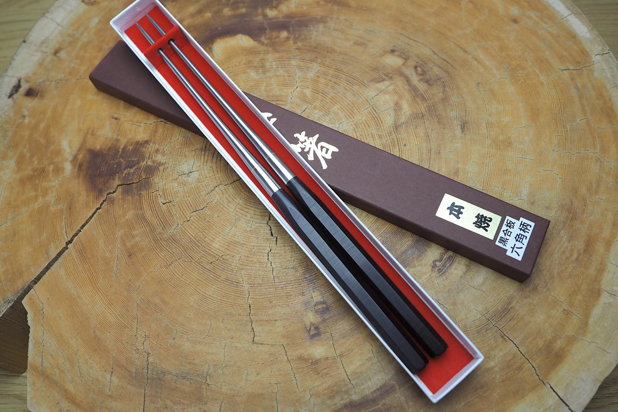 Moribashi Hexagonal Black Plywood Handle Stainless-steel Serving Chopsticks 135mm