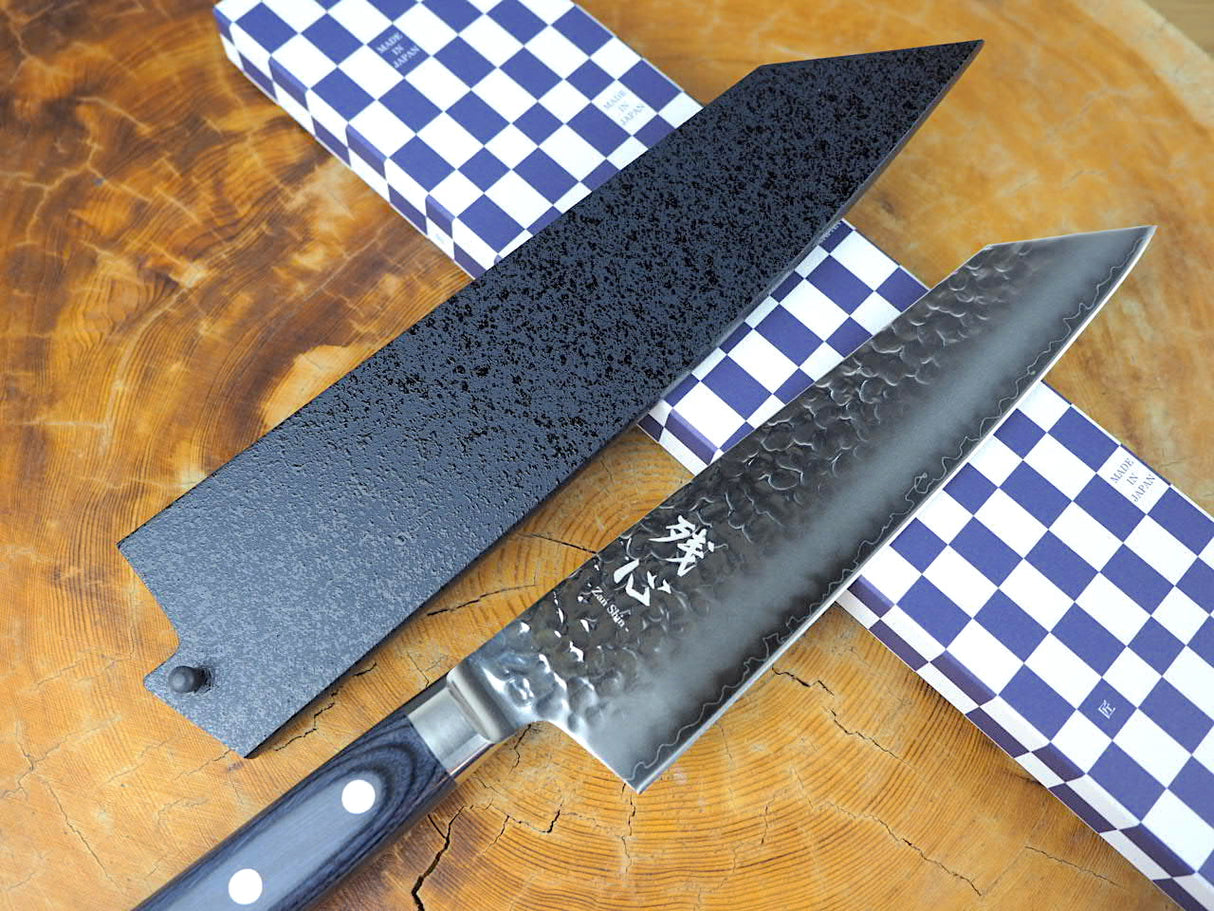 残心 Zan Shin AO (from Seki) - AUS10 Steel Kiritsuke (K-tip) Hammered Finish Santoku Knife Dark Blue Pakkawood Handle 19cm