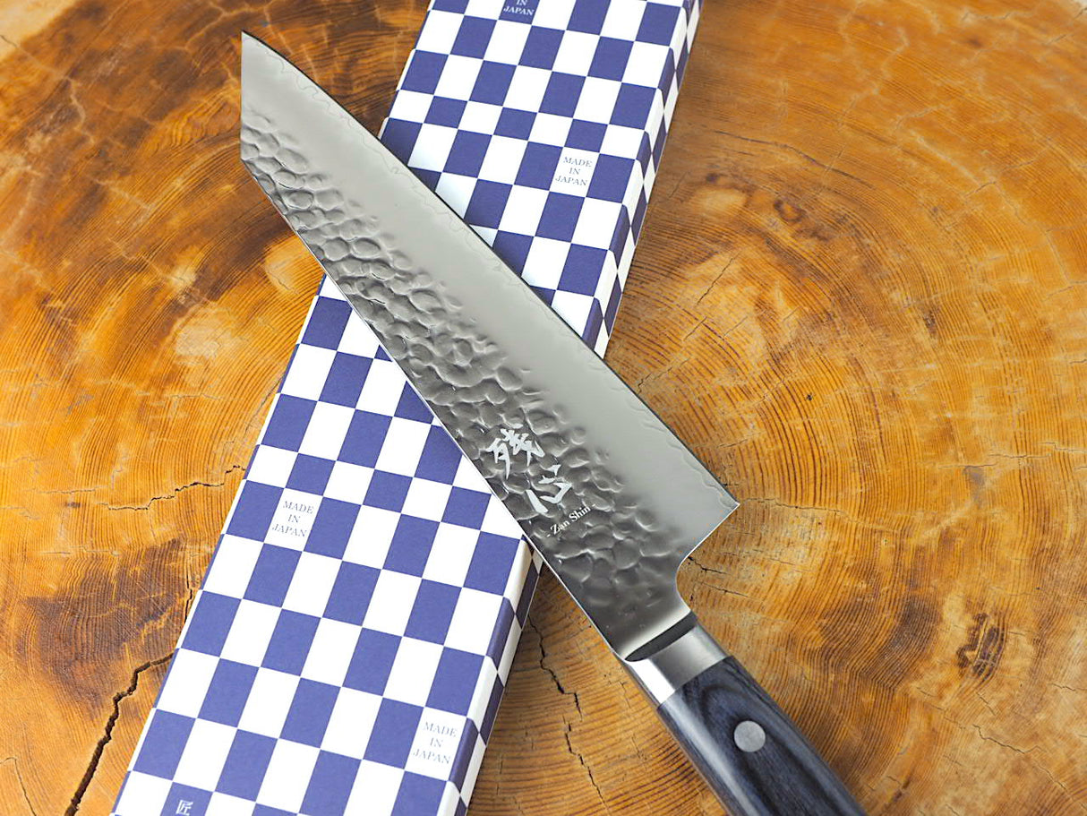 残心 Zan Shin AO (from Seki) - AUS10 Steel Kiritsuke (K-tip) Hammered Finish Santoku Knife Dark Blue Pakkawood Handle 19cm