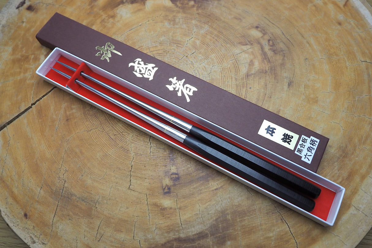 Moribashi Hexagonal Black Plywood Handle Stainless-steel Serving Chopsticks 135mm