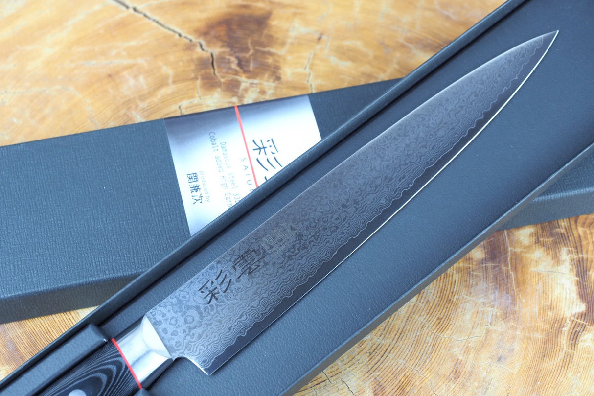 Seki Kanetsugu - Saiun Sujihiki (carving/slicer) VG10 Damascus with Micarta handle 21cm