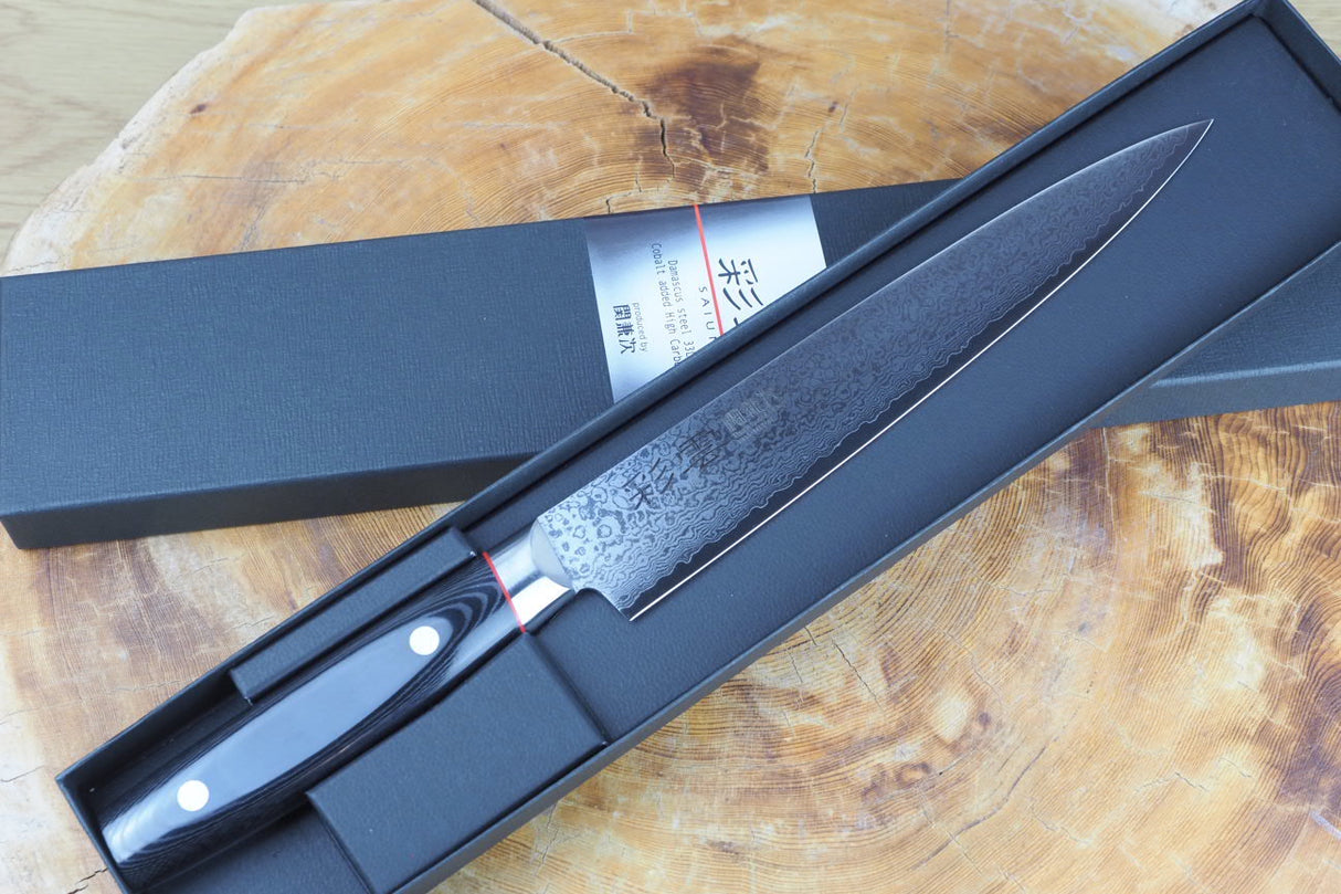 Seki Kanetsugu - Saiun Sujihiki (carving/slicer) VG10 Damascus with Micarta handle 21cm