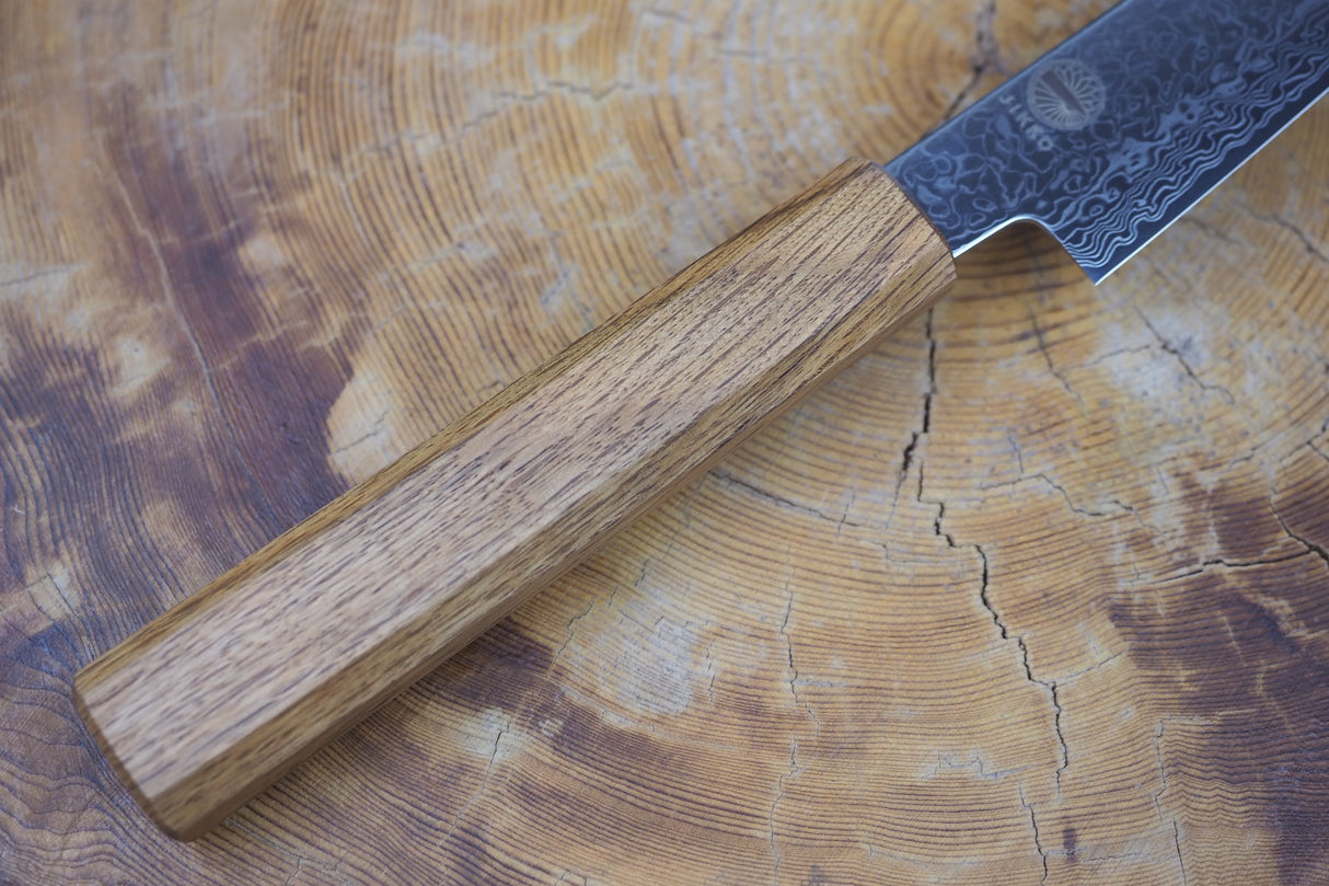 Sakai Jikko "Loco Damascus" Wa-Petty Knife SG2 Powdered High Speed Steel Mirror-Polished Nickel Damascus with Japanese Oak Handle (13.5cm)