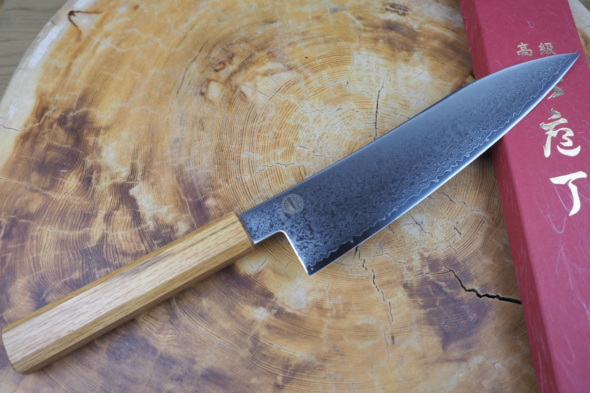 Sakai Jikko "Loco Damascus" Wa-Gyuto Knife VG10 Mirror-Polished Nickel Damascus with Japanese Oak Handle (21cm/24cm)