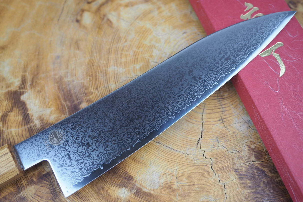 Sakai Jikko "Loco Damascus" Wa-Gyuto Knife VG10 Mirror-Polished Nickel Damascus with Japanese Oak Handle (21cm/24cm)