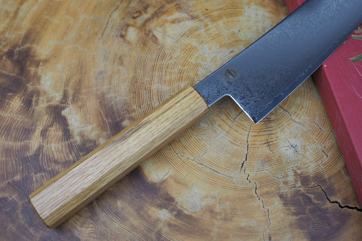 Sakai Jikko "Loco Damascus" Wa-Gyuto Knife VG10 Mirror-Polished Nickel Damascus with Japanese Oak Handle (21cm/24cm)