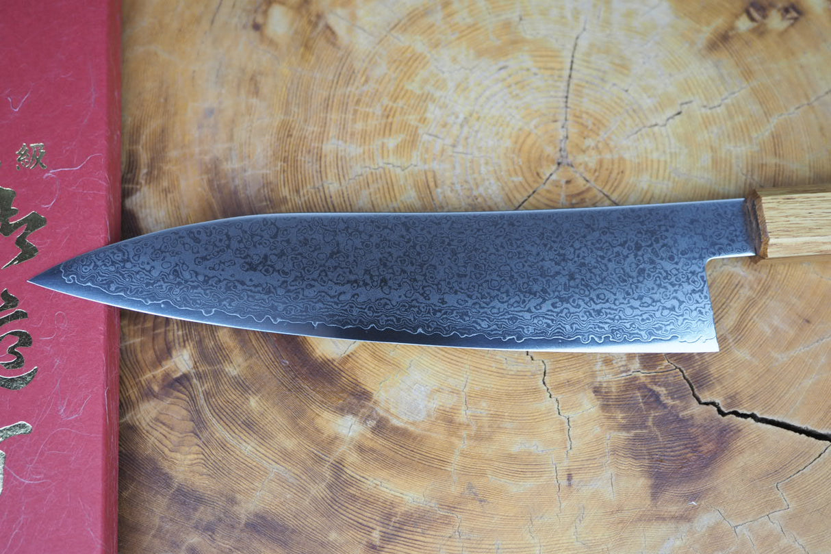 Sakai Jikko "Loco Damascus" Wa-Gyuto Knife VG10 Mirror-Polished Nickel Damascus with Japanese Oak Handle (21cm/24cm)