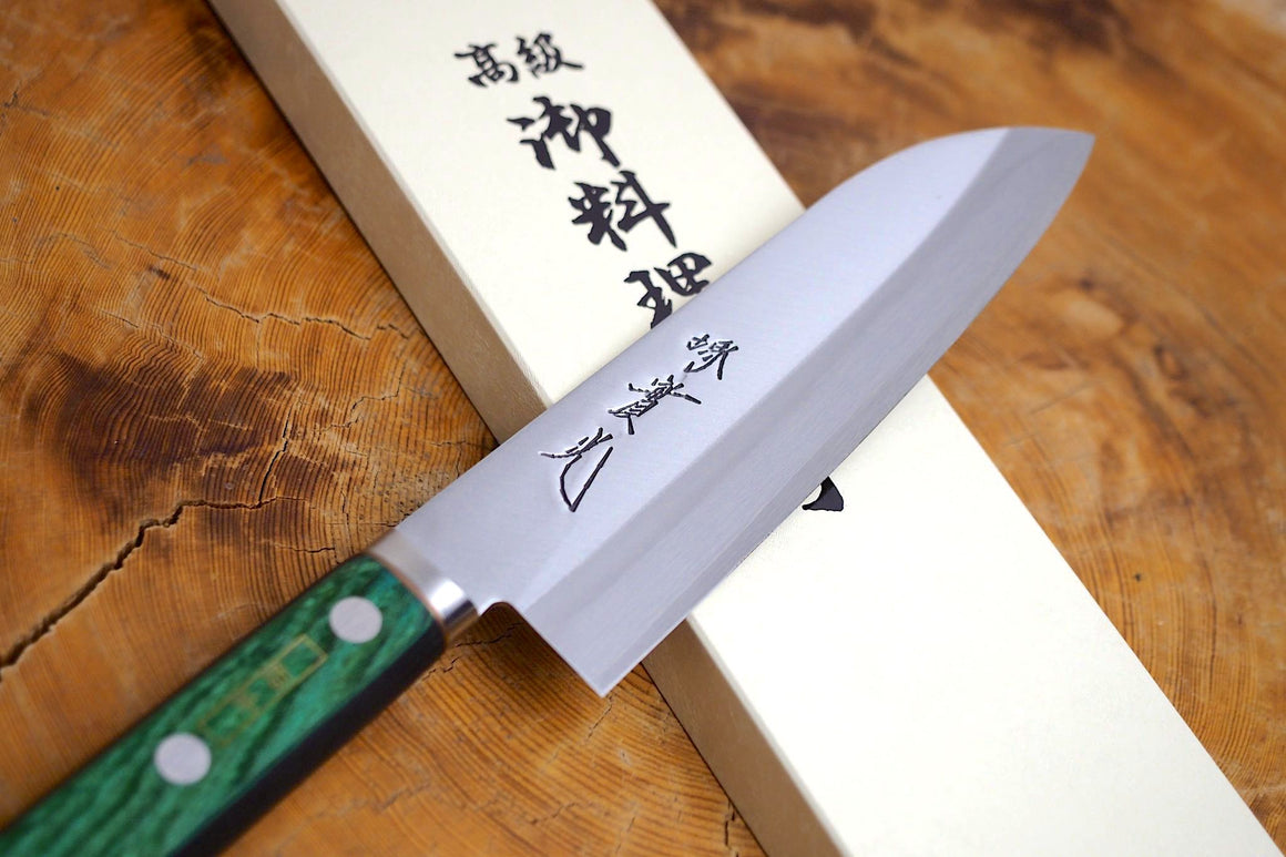 Sakai Jikko "Aogami" Blue-2 Steel Santoku Knife with Green Plywood handle (16.5cm)