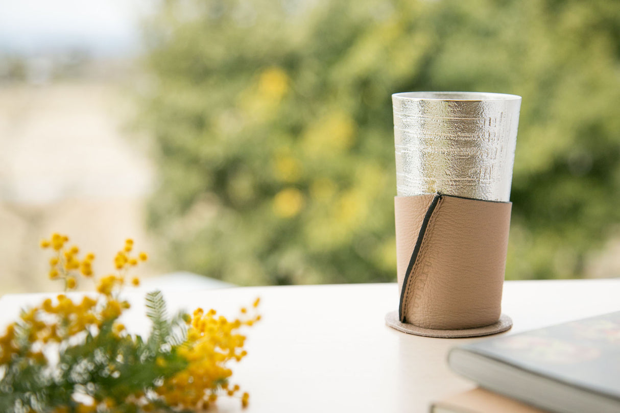 Nousaku - Beer Cup White Birch Pattern with Holder and Coaster (Beige/Black/Red)