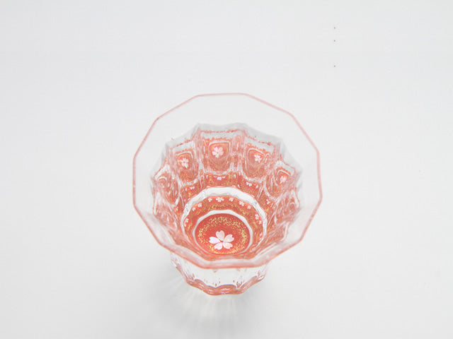 "Raden" Lacquer Coated Glass 150ml - Kaleidoscope Glass with Cherry Blossoms Pattern (gold-red)