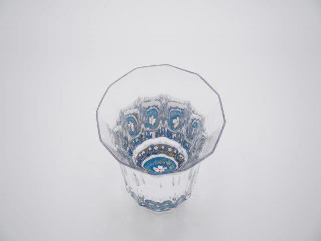 "Raden" Lacquer Coated Glass 150ml - Kaleidoscope Glass with Cherry Blossoms Pattern (blue)