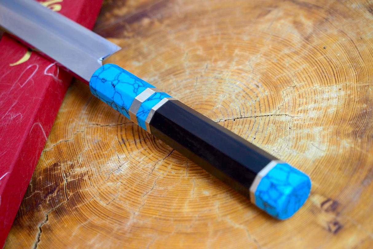 Sakai Jikko "Shikou" Ginsan Silver-3 Steel Sakimaru Sashimi Knife 27cm Turquoise-Colour handle