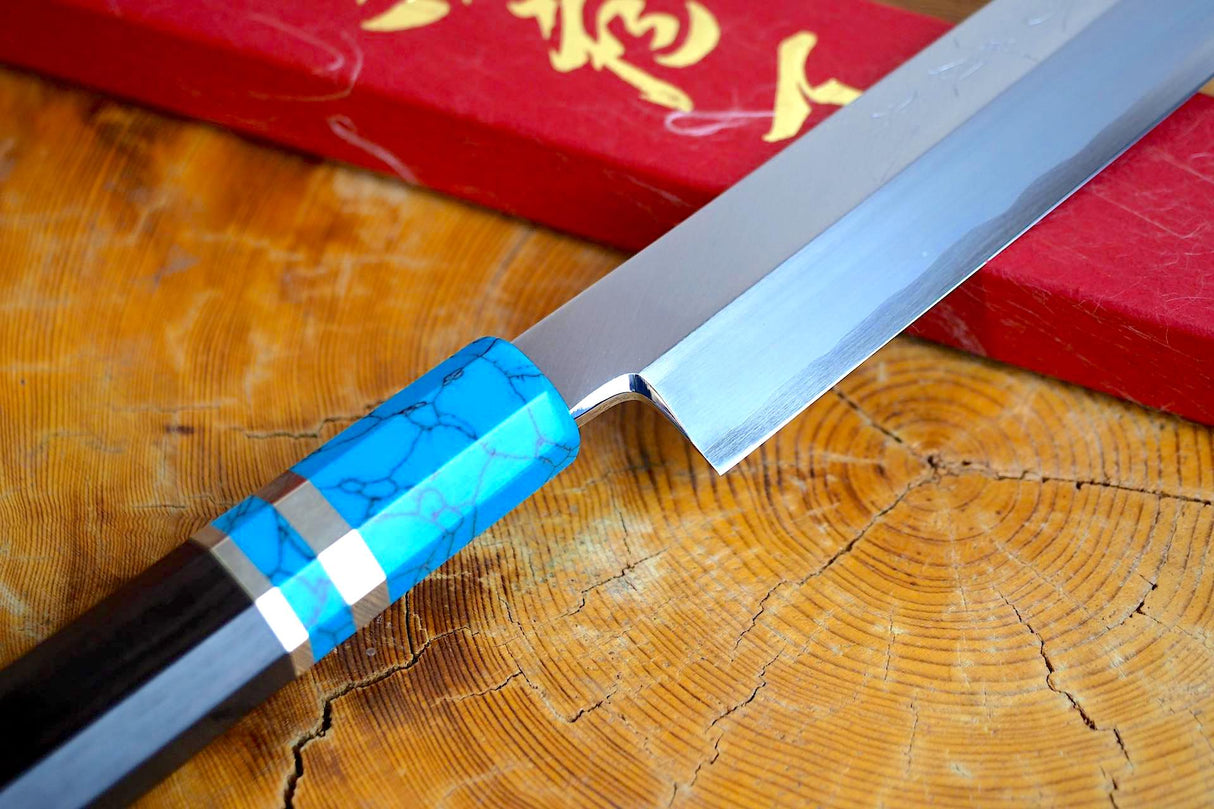Sakai Jikko "Shikou" Ginsan Silver-3 Steel Sakimaru Sashimi Knife 27cm Turquoise-Colour handle