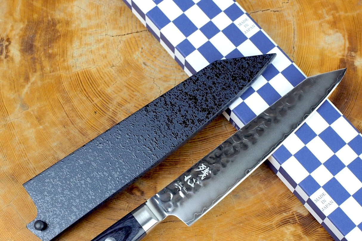 残心 Zan Shin AO (from Seki) - AUS10 Steel Kiritsuke (K-tip) Hammered Finish Petty Knife Navy Pakkawood Handle 13.5cm