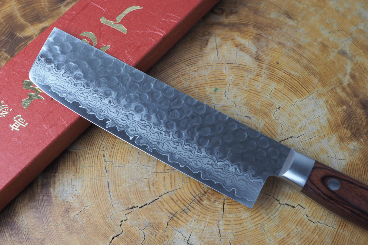 Sakai Jikko "Nakiri" Vegetable Knife- Damascus with Hammered Finish (16cm)