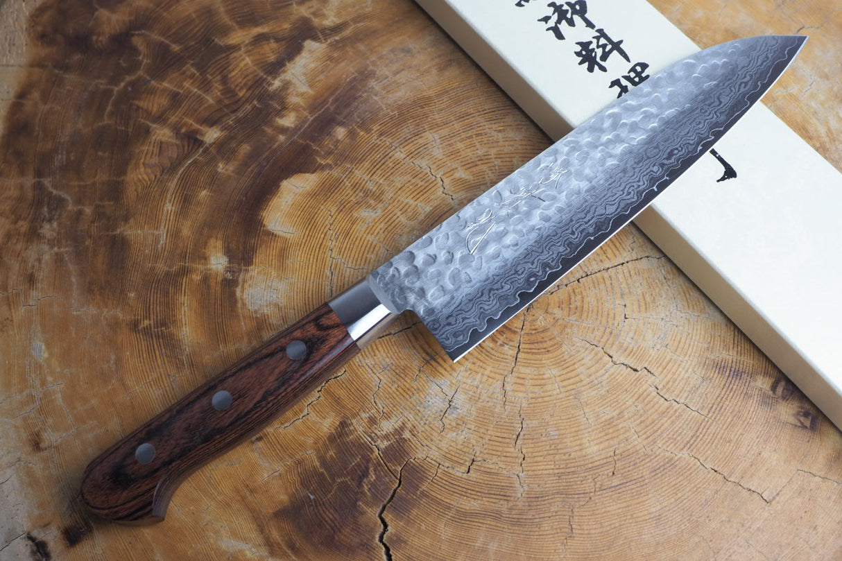 Sakai Jikko "Mille-Feuille" Santoku Knife Damascus with Hammered Finish (18cm)