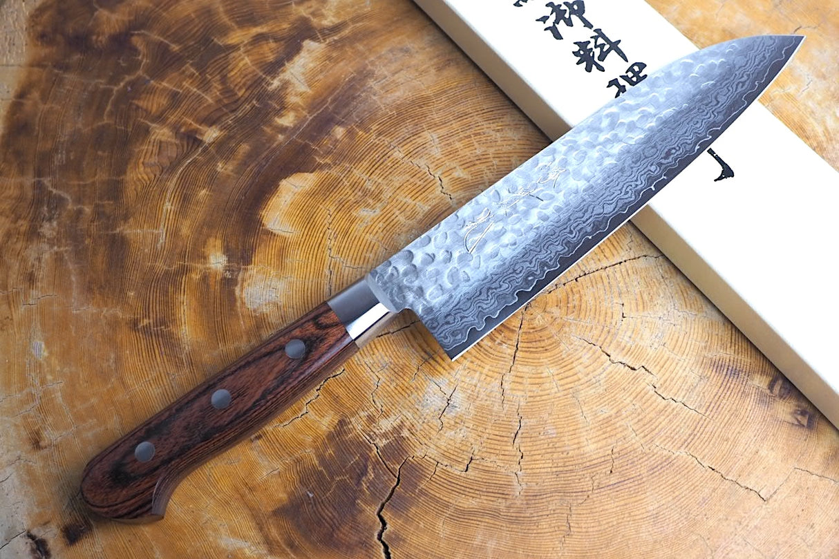 Sakai Jikko "Mille-Feuille" Santoku Knife Damascus with Hammered Finish (18cm)