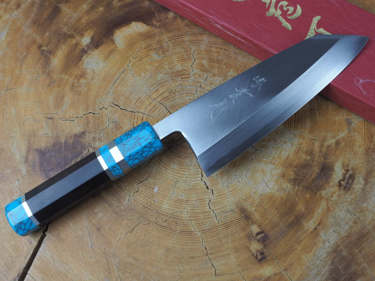 Sakai Jikko "Shikou" Ginsan Silver-3 Steel Kiritsuke(K-tip)Deba Knife  with Ebony and Turquoise-Colour handle (15cm)