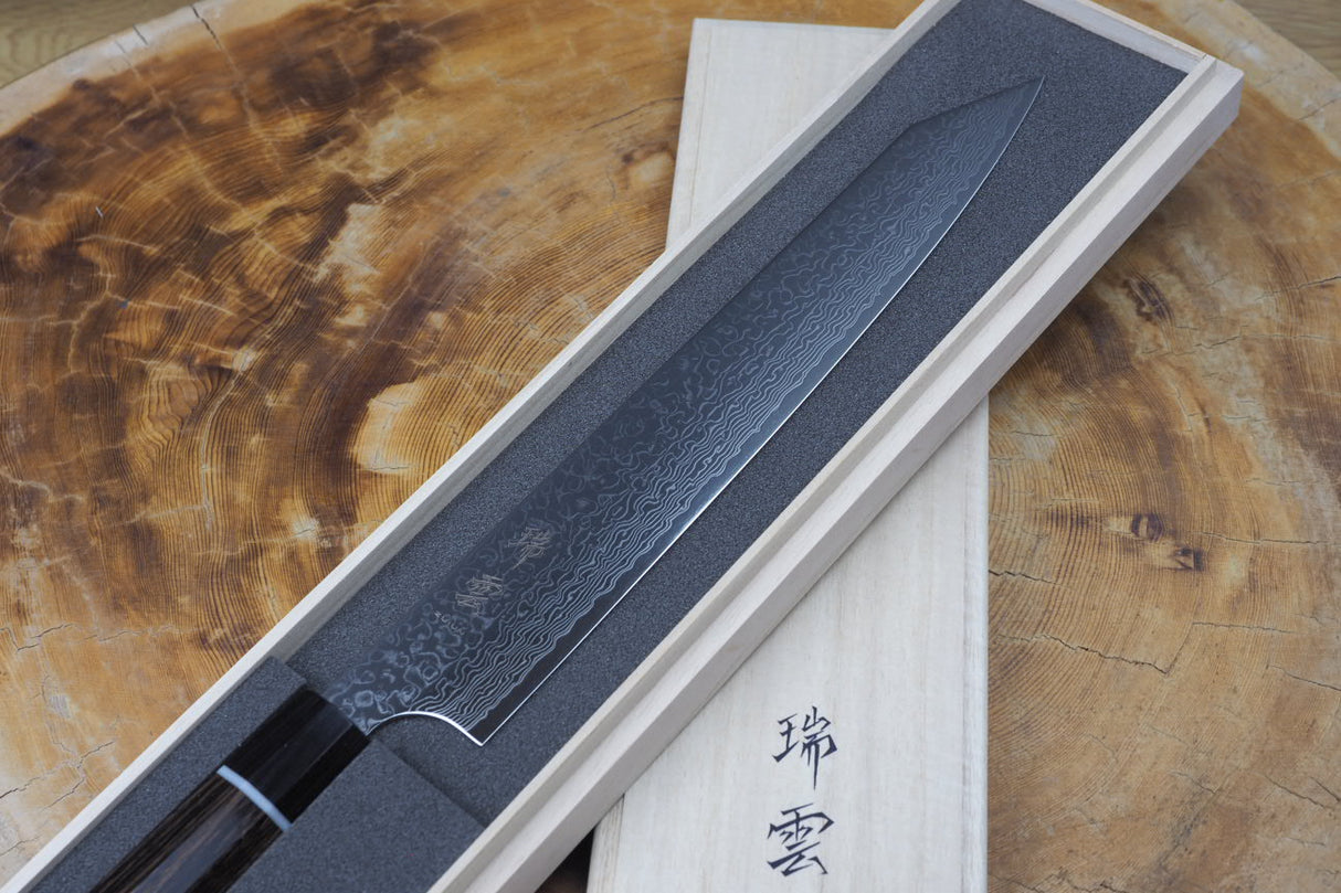 Seki Kanetsugu - Zuiun Sujihiki (carving/slicer) SG2 High Speed Powdered Steel Kiritsuke (K-tip) 24cm (custom sheath included)