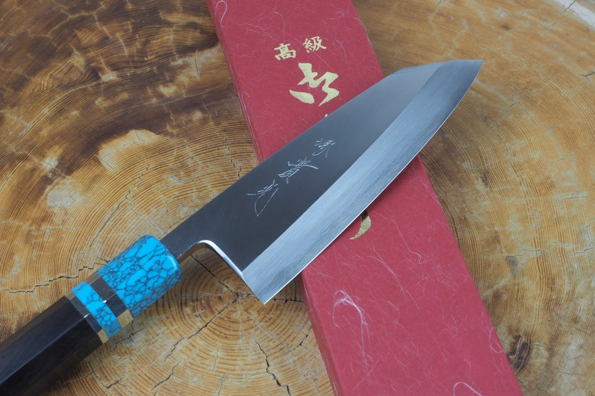 Sakai Jikko "Shikou" Ginsan Silver-3 Steel Kiritsuke(K-tip)Deba Knife  with Ebony and Turquoise-Colour handle (15cm)