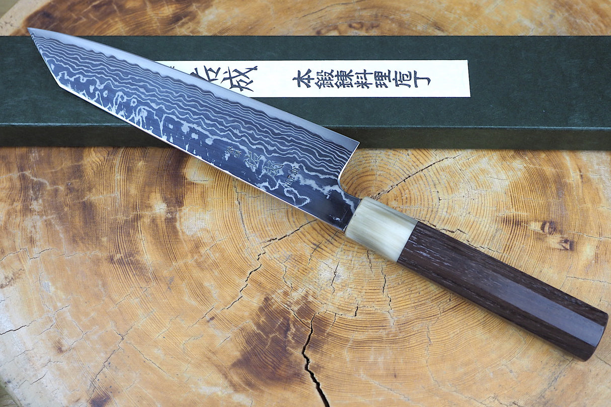 Sukenari HAP40 Mirror-Polished Damascus Powdered High Speed Steel Kiritsuke (K-tip) Gyuto Chef's knife (21cm) with Rosewood & Buffalo Horn Handle