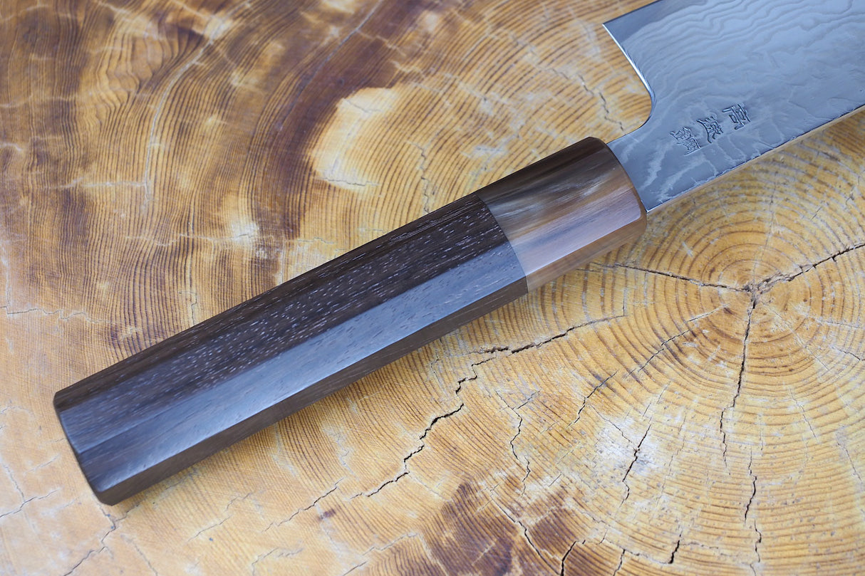 Sukenari HAP40 Mirror-Polished Damascus Powdered High Speed Steel Kiritsuke (K-tip) Gyuto Chef's knife (21cm) with Rosewood & Buffalo Horn Handle