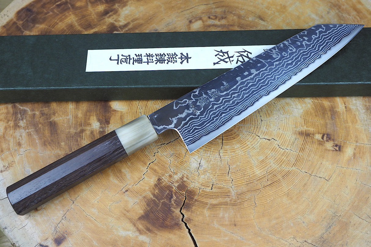 Sukenari HAP40 Mirror-Polished Damascus Powdered High Speed Steel Kiritsuke (K-tip) Gyuto Chef's knife (21cm) with Rosewood & Buffalo Horn Handle