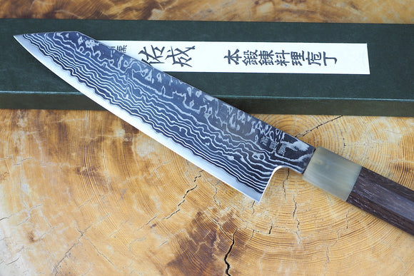 Sukenari HAP40 Mirror-Polished Damascus Powdered High Speed Steel Kiritsuke (K-tip) Gyuto Chef's knife (21cm) with Rosewood & Buffalo Horn Handle