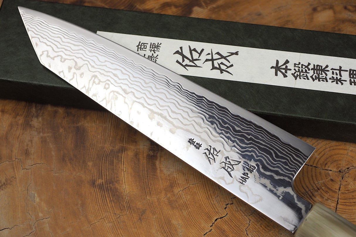 Sukenari HAP40 Mirror-Polished Damascus Powdered High Speed Steel Kiritsuke (K-tip) Gyuto Chef's knife (21cm) with Rosewood & Buffalo Horn Handle