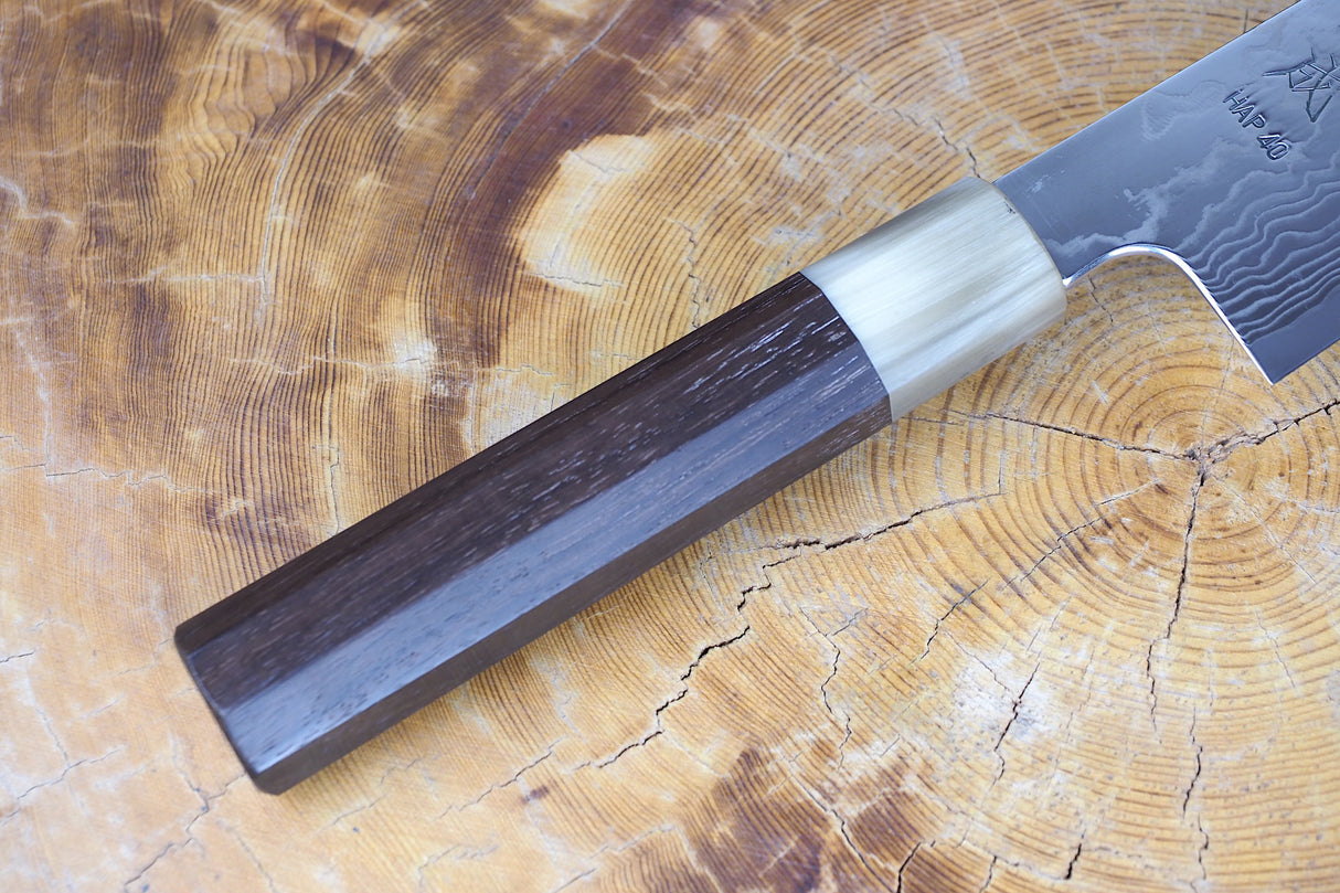 Sukenari HAP40 Mirror-Polished Damascus Powdered High Speed Steel Kiritsuke (K-tip) Gyuto Chef's knife (21cm) with Rosewood & Buffalo Horn Handle