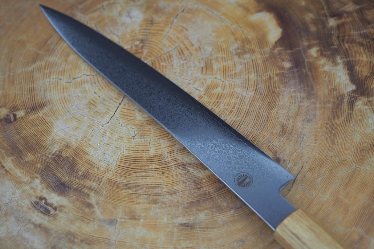 Sakai Jikko "Loco Damascus" Wa-Sujihiki Carving/Slicer VG10 Mirror-Polished Nickel Damascus with Japanese Oak Handle (24cm/27cm)