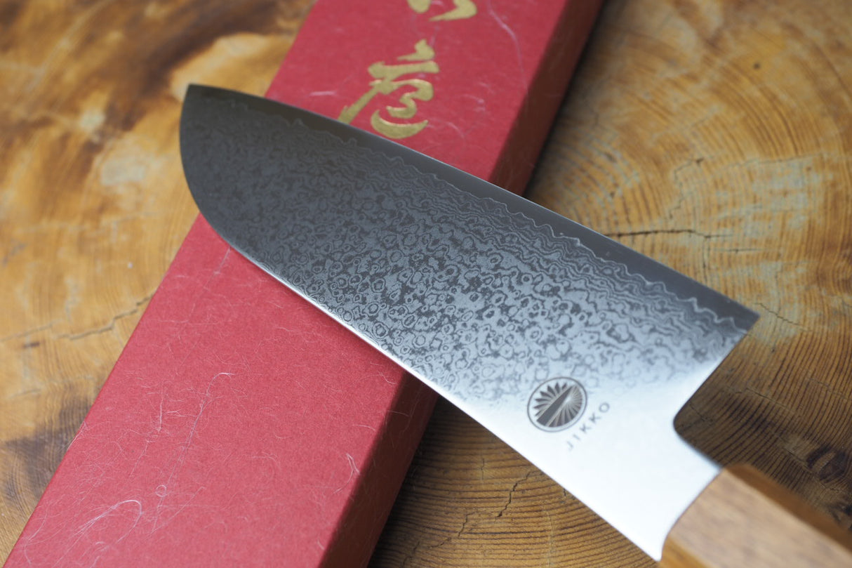 Sakai Jikko "Loco Damascus" Wa-Santoku Knife VG10 Mirror-Polished Nickel Damascus with Japanese Oak Handle (16.5cm)