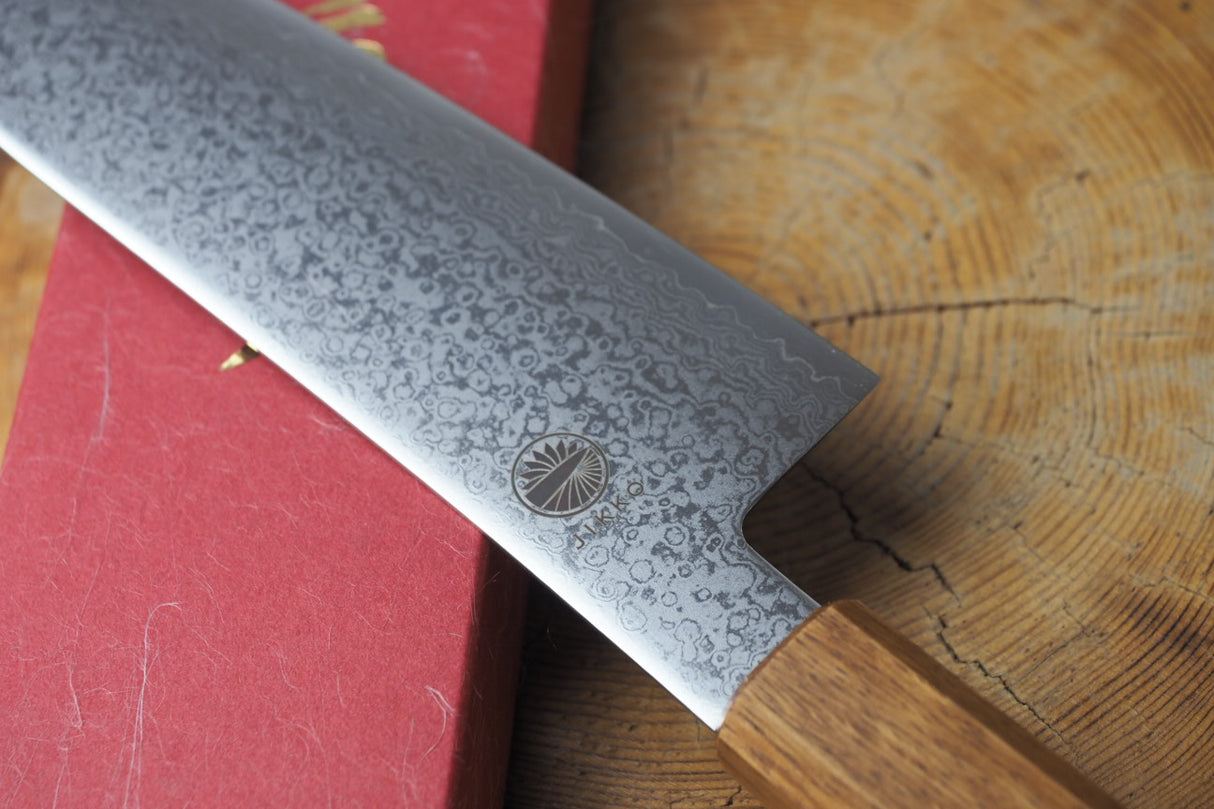 Sakai Jikko "Loco Damascus" Wa-Santoku Knife VG10 Mirror-Polished Nickel Damascus with Japanese Oak Handle (16.5cm)