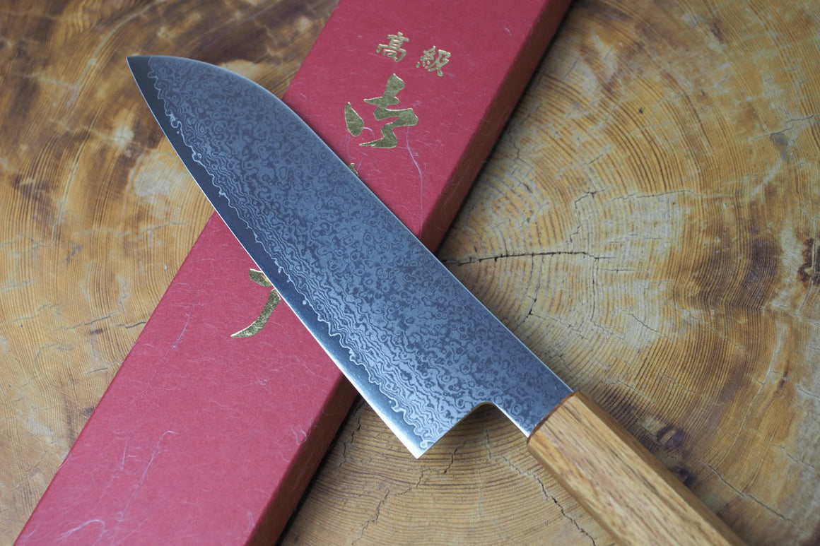 Sakai Jikko "Loco Damascus" Wa-Santoku Knife VG10 Mirror-Polished Nickel Damascus with Japanese Oak Handle (16.5cm)