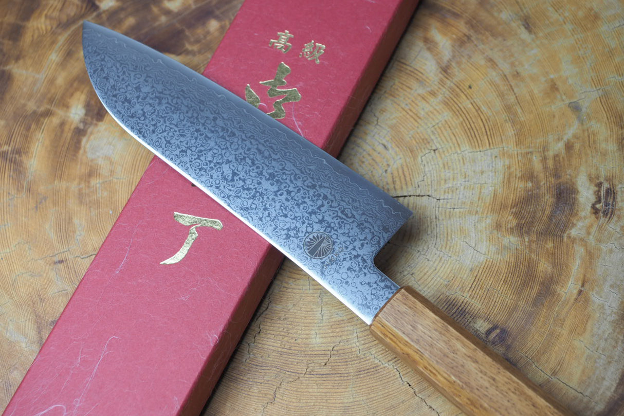 Sakai Jikko "Loco Damascus" Wa-Santoku Knife VG10 Mirror-Polished Nickel Damascus with Japanese Oak Handle (16.5cm)