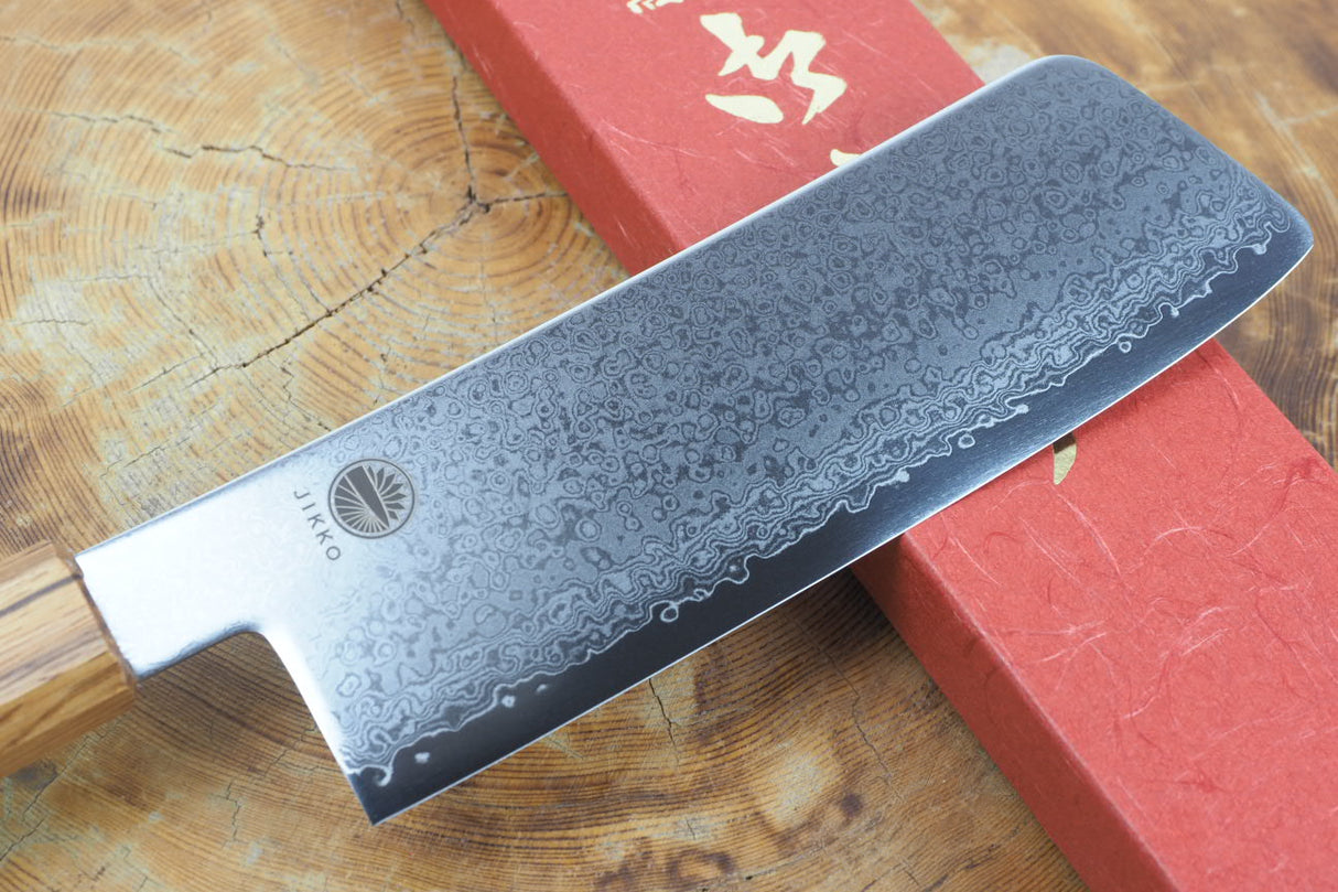 Sakai Jikko "Loco Damascus" Wa-Nakiri Knife VG10 Mirror-Polished Nickel Damascus with Japanese Oak Handle (16cm)