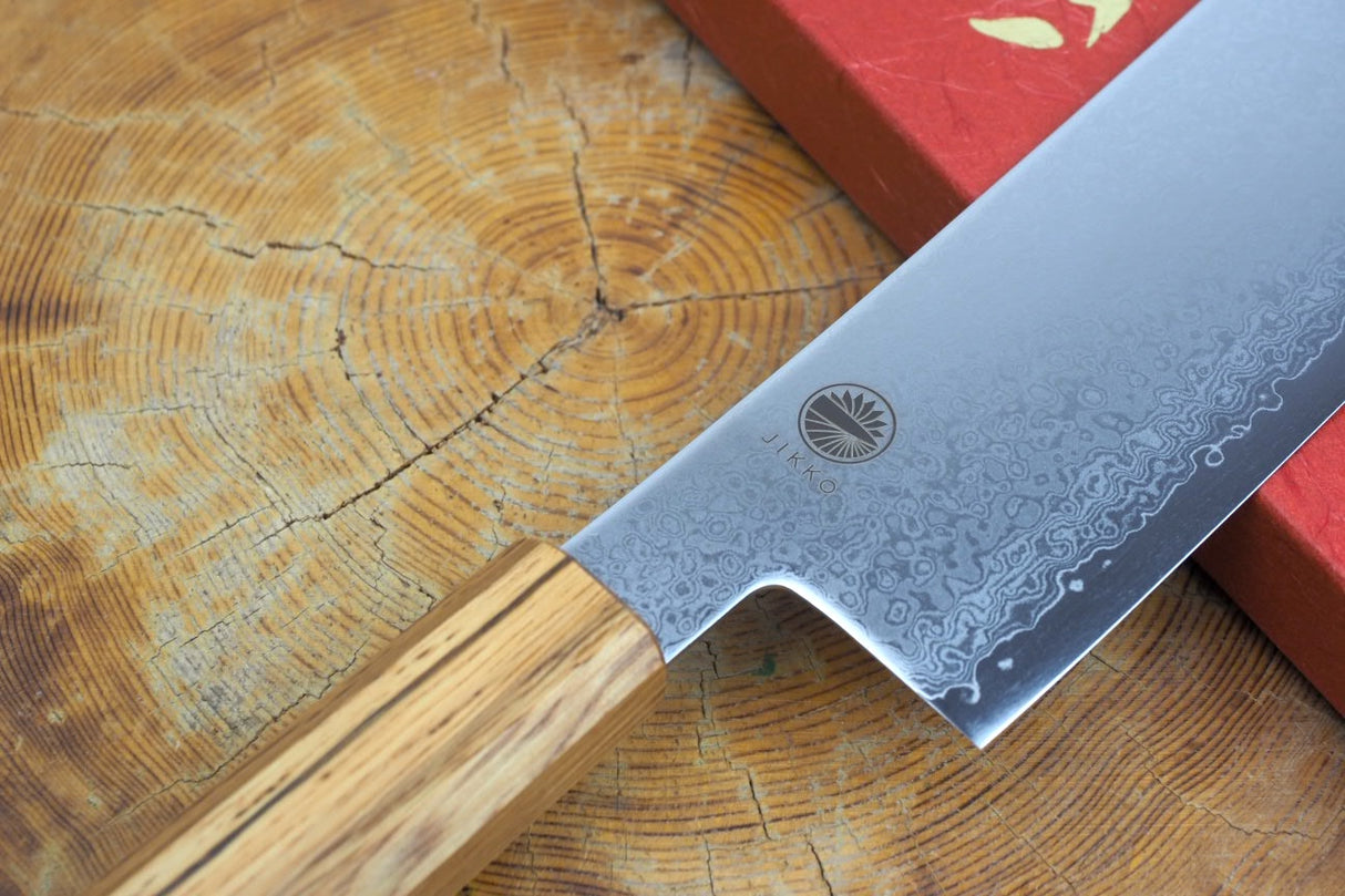 Sakai Jikko "Loco Damascus" Wa-Nakiri Knife VG10 Mirror-Polished Nickel Damascus with Japanese Oak Handle (16cm)