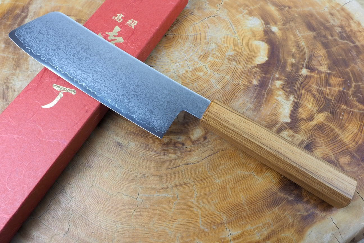 Sakai Jikko "Loco Damascus" Wa-Nakiri Knife VG10 Mirror-Polished Nickel Damascus with Japanese Oak Handle (16cm)