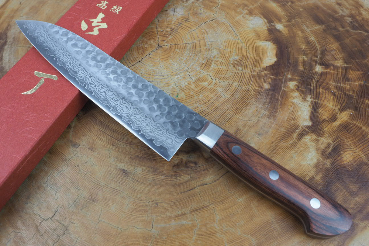 Sakai Jikko "Mille-Feuille" Santoku Knife Damascus with Hammered Finish (18cm)