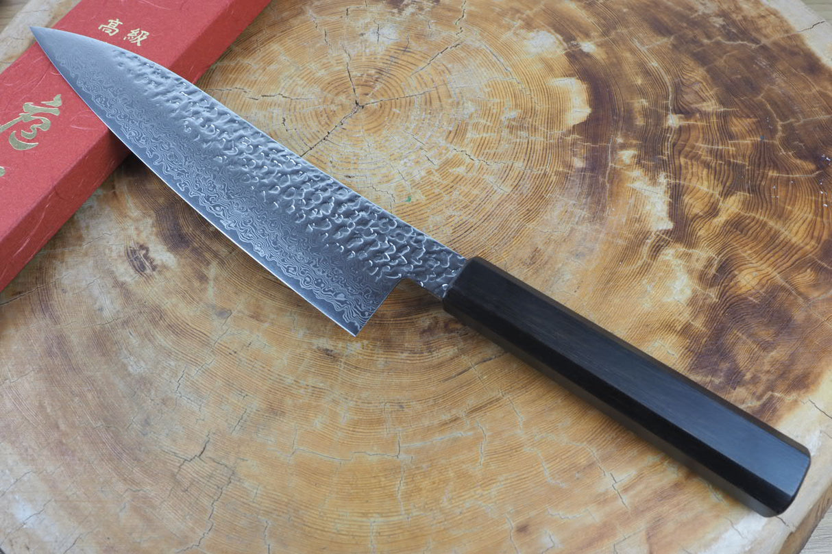 Sakai Jikko "Loco Damascus Black" Wa-Gyuto Knife SG2 Powdered High Speed Steel Damascus Hammered Finish with Black Japanese Oak Handle (21cm)