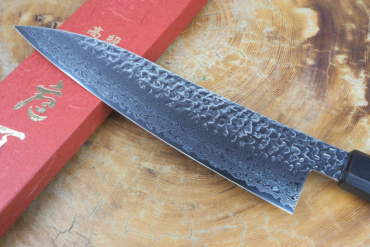 Sakai Jikko "Loco Damascus Black" Wa-Gyuto Knife SG2 Powdered High Speed Steel Damascus Hammered Finish with Black Japanese Oak Handle (21cm)