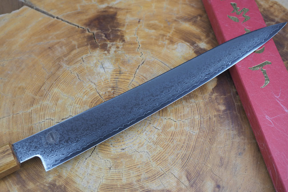 Sakai Jikko "Loco Damascus" Wa-Sujihiki Carving/Slicer VG10 Mirror-Polished Nickel Damascus with Japanese Oak Handle (24cm/27cm)