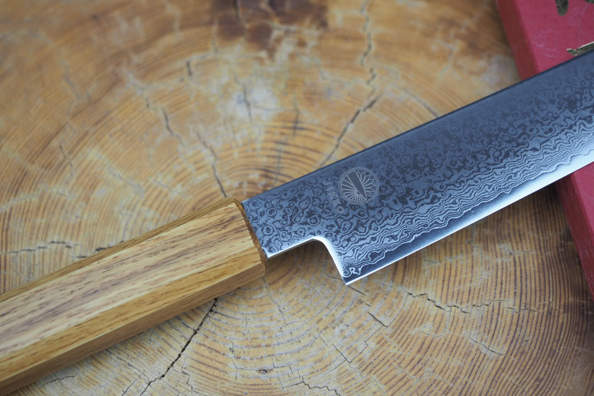 Sakai Jikko "Loco Damascus" Wa-Sujihiki Carving/Slicer VG10 Mirror-Polished Nickel Damascus with Japanese Oak Handle (24cm/27cm)