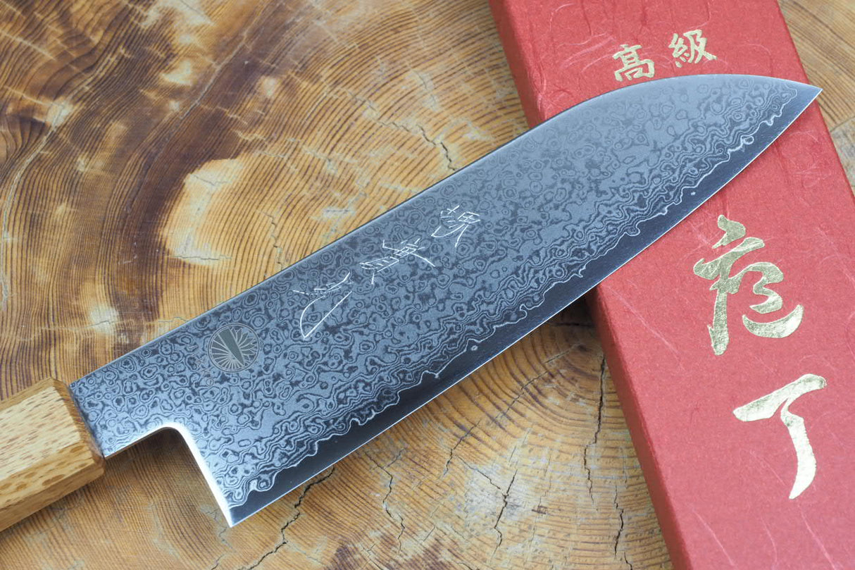 Sakai Jikko "Loco Damascus" Wa-Santoku Knife VG10 Mirror-Polished Nickel Damascus with Japanese Oak Handle (16.5cm)