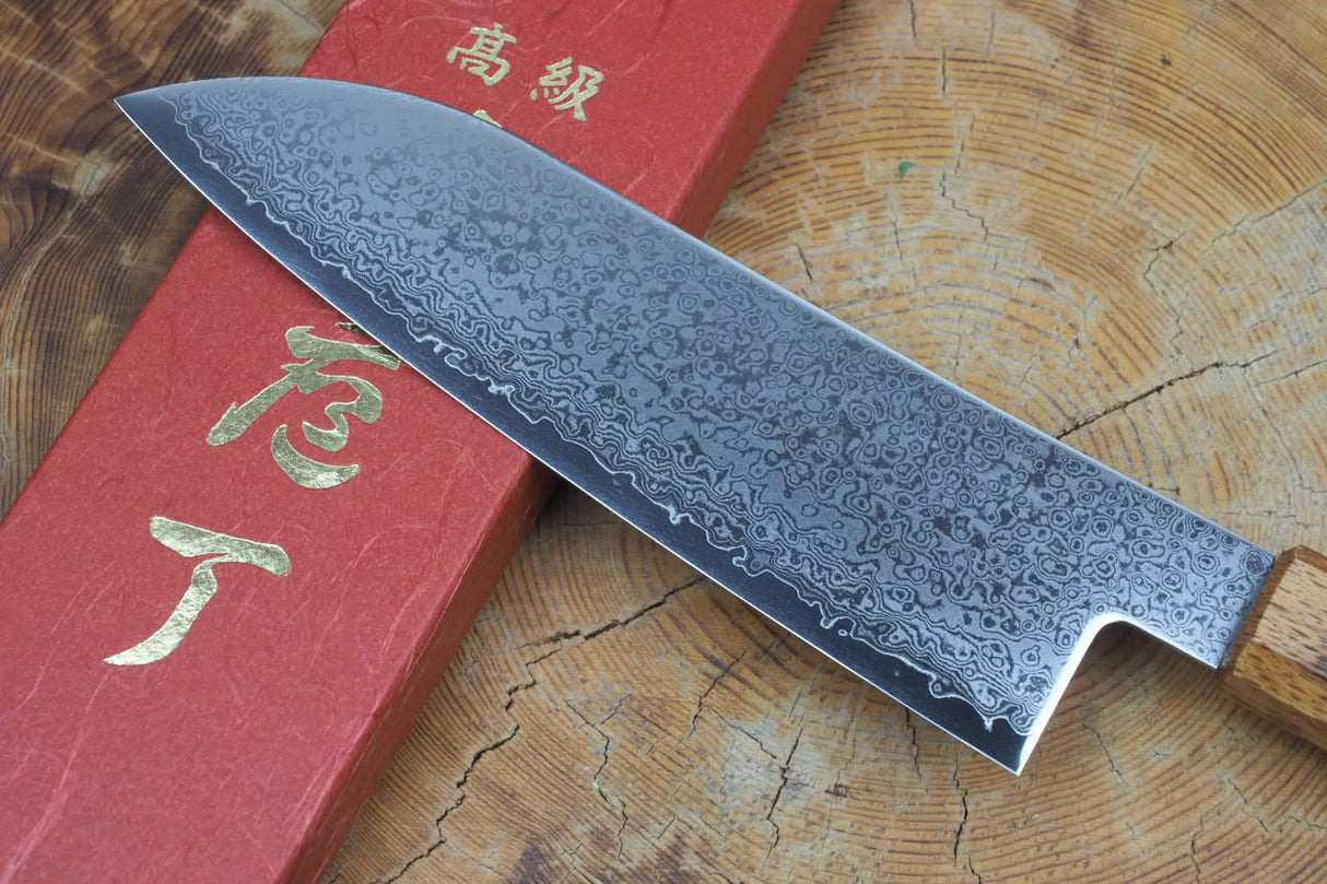 Sakai Jikko "Loco Damascus" Wa-Santoku Knife VG10 Mirror-Polished Nickel Damascus with Japanese Oak Handle (16.5cm)