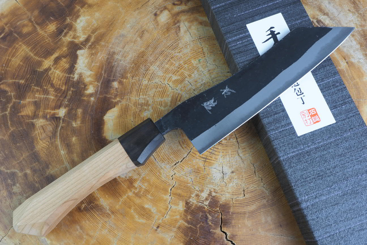 Ishizuchi (from Tosa) - Blue-2 Steel Kurouchi Hakata-type Kiritsuke Santoku (16.5cm/18cm)